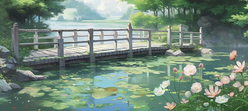 小桥湖面荷花植物,插画/手绘图,插画/手绘图库,插画/手绘图下载,插画/手绘